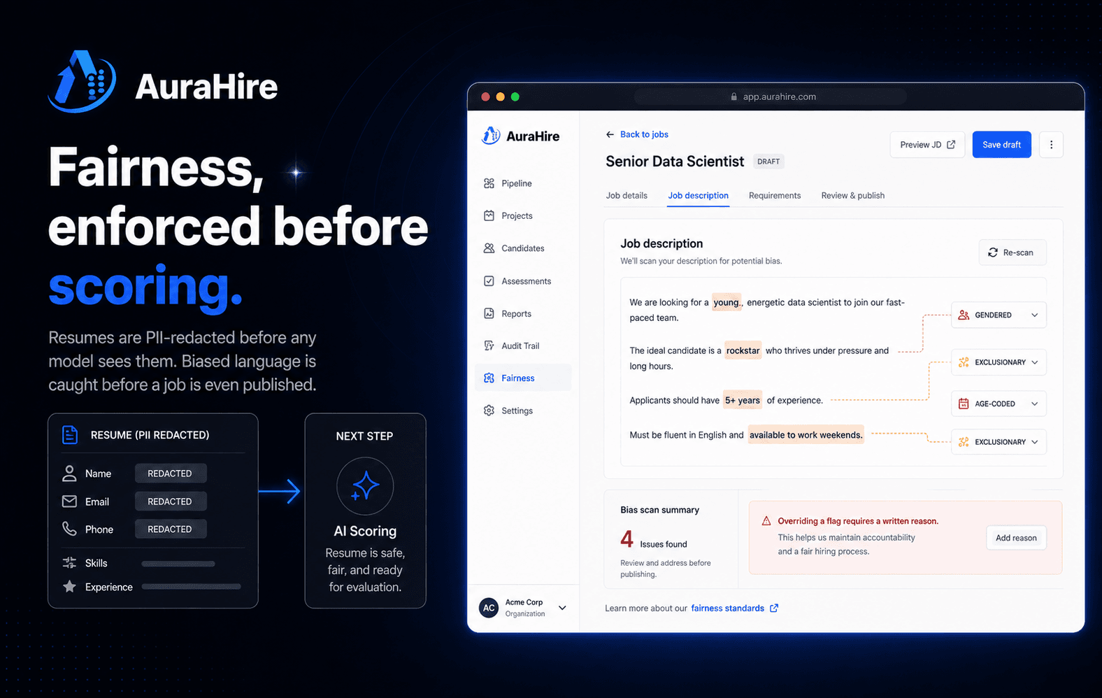 AuraHire poster - 'Fairness, enforced before scoring': PII-redacted resumes and inline bias flags in the job description editor