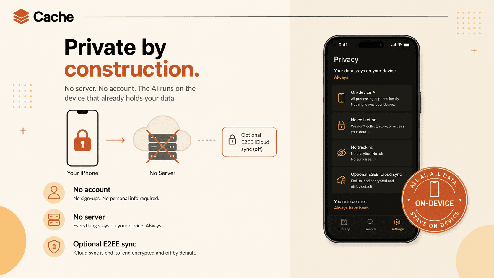 Cache poster - 'Private by construction': on-device processing with no account and no server, and optional end-to-end-encrypted sync