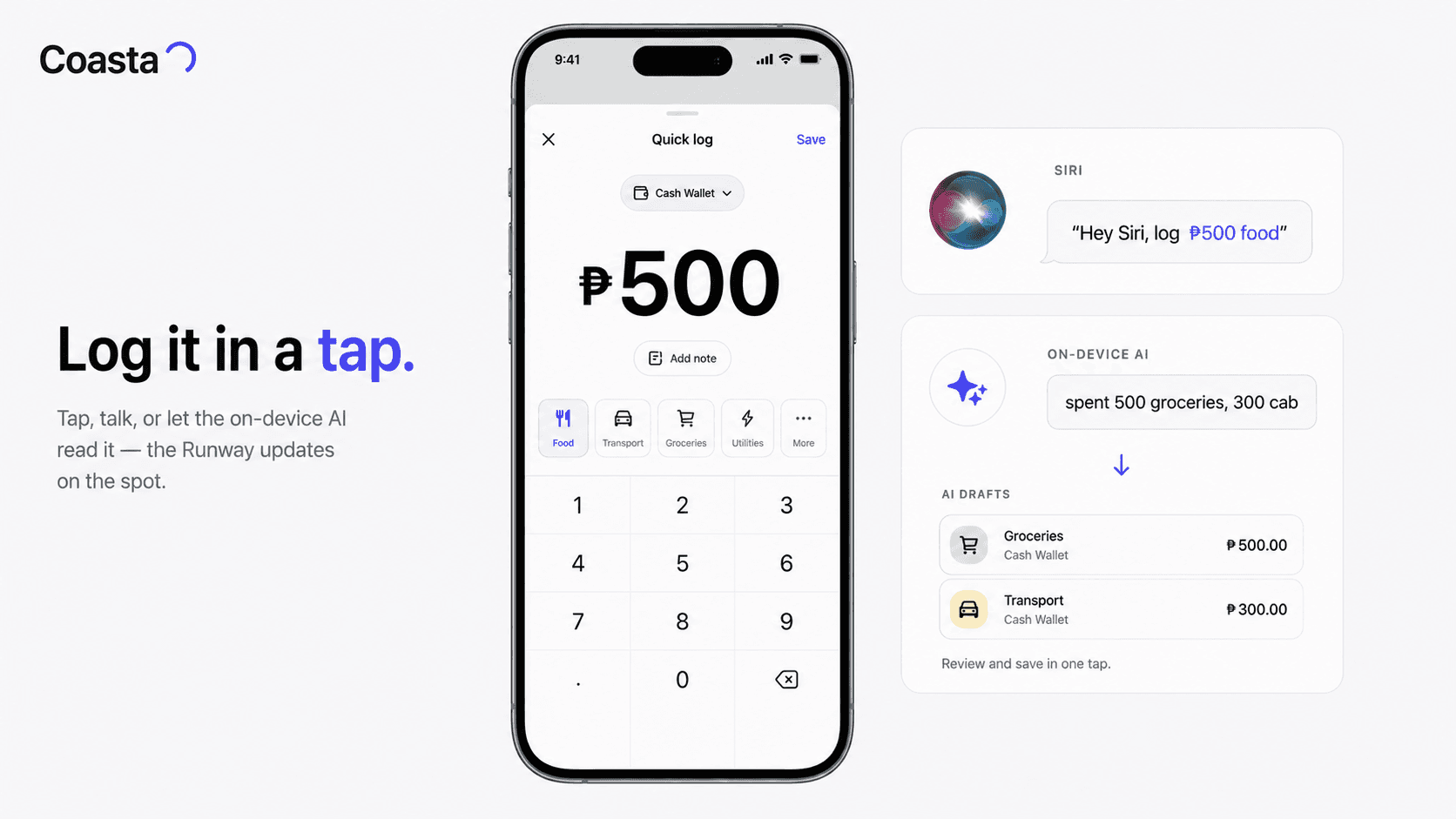 Coasta poster - quick capture: a big amount and custom number pad, plus Siri and on-device AI natural-language logging