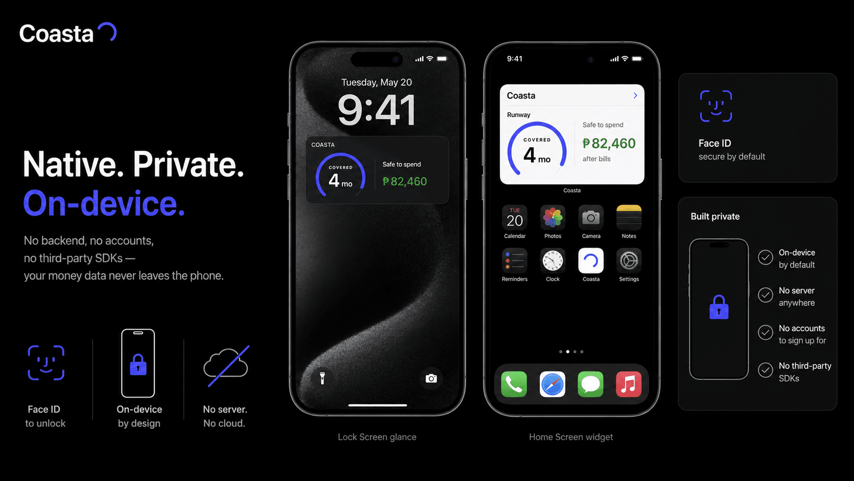 Coasta poster - native and private: Lock Screen and Home Screen widgets, Face ID lock, and fully offline on-device processing