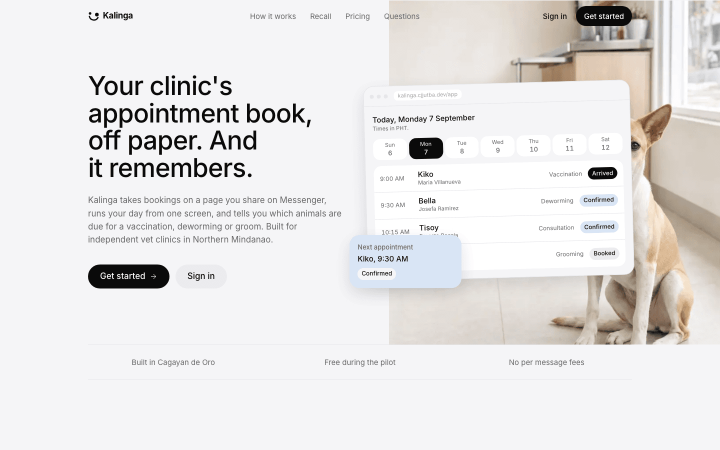 The Kalinga landing page, with the clinic's day view beside a photograph of a dog