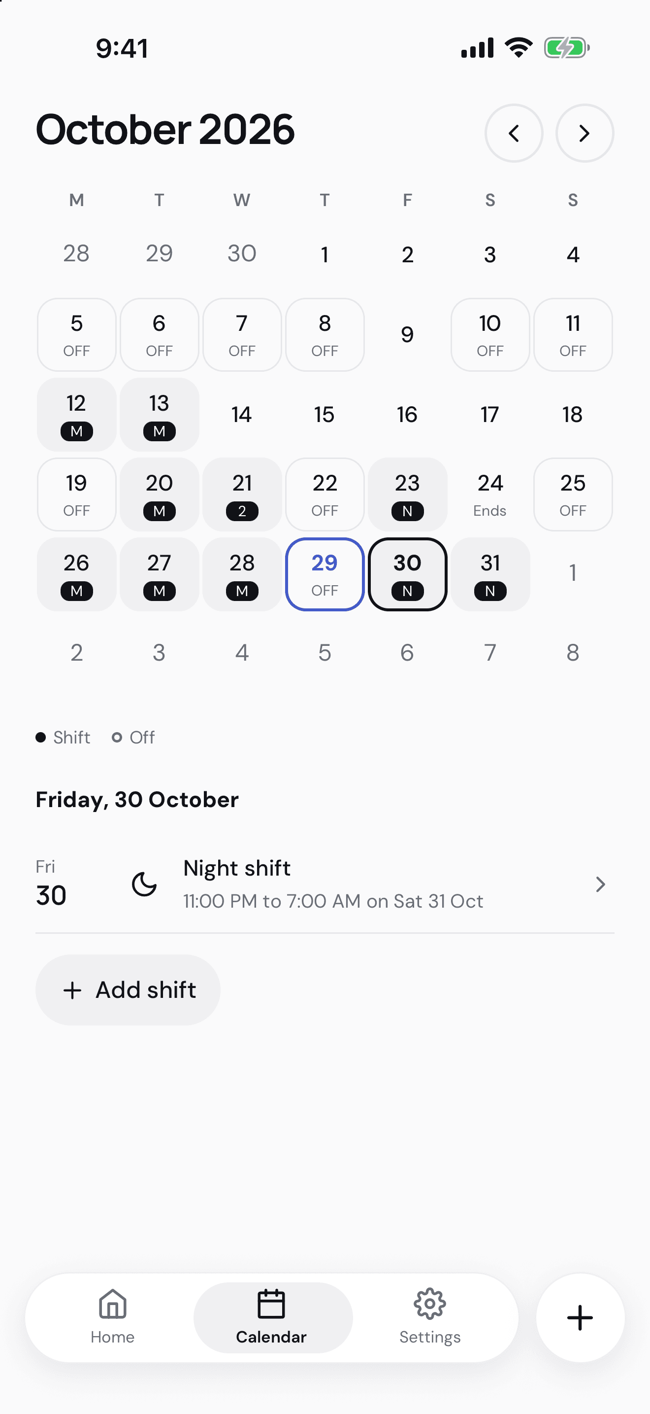 Kelly's monthly calendar shows shift codes, days off and an overnight shift