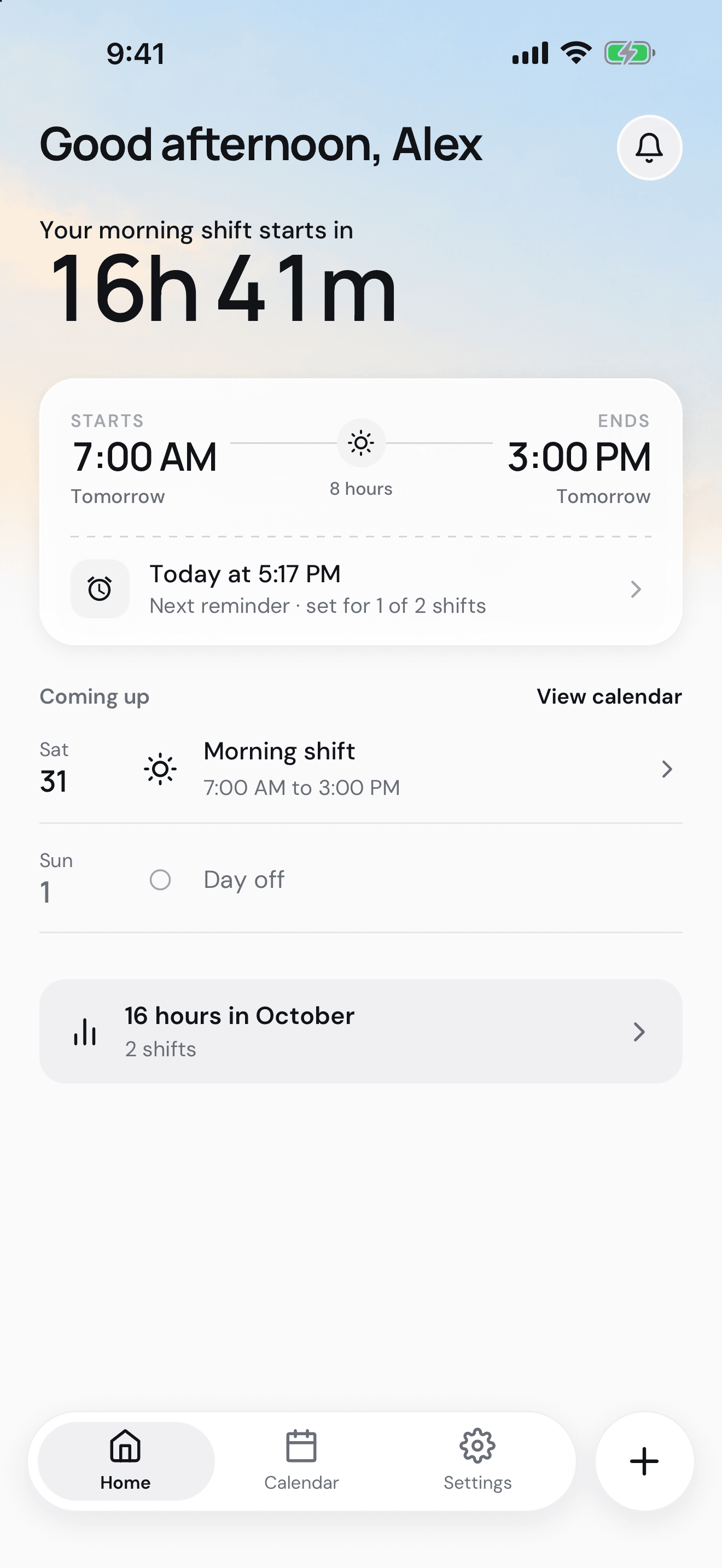 Kelly Home shows the next shift, a countdown, the next reminder and upcoming days
