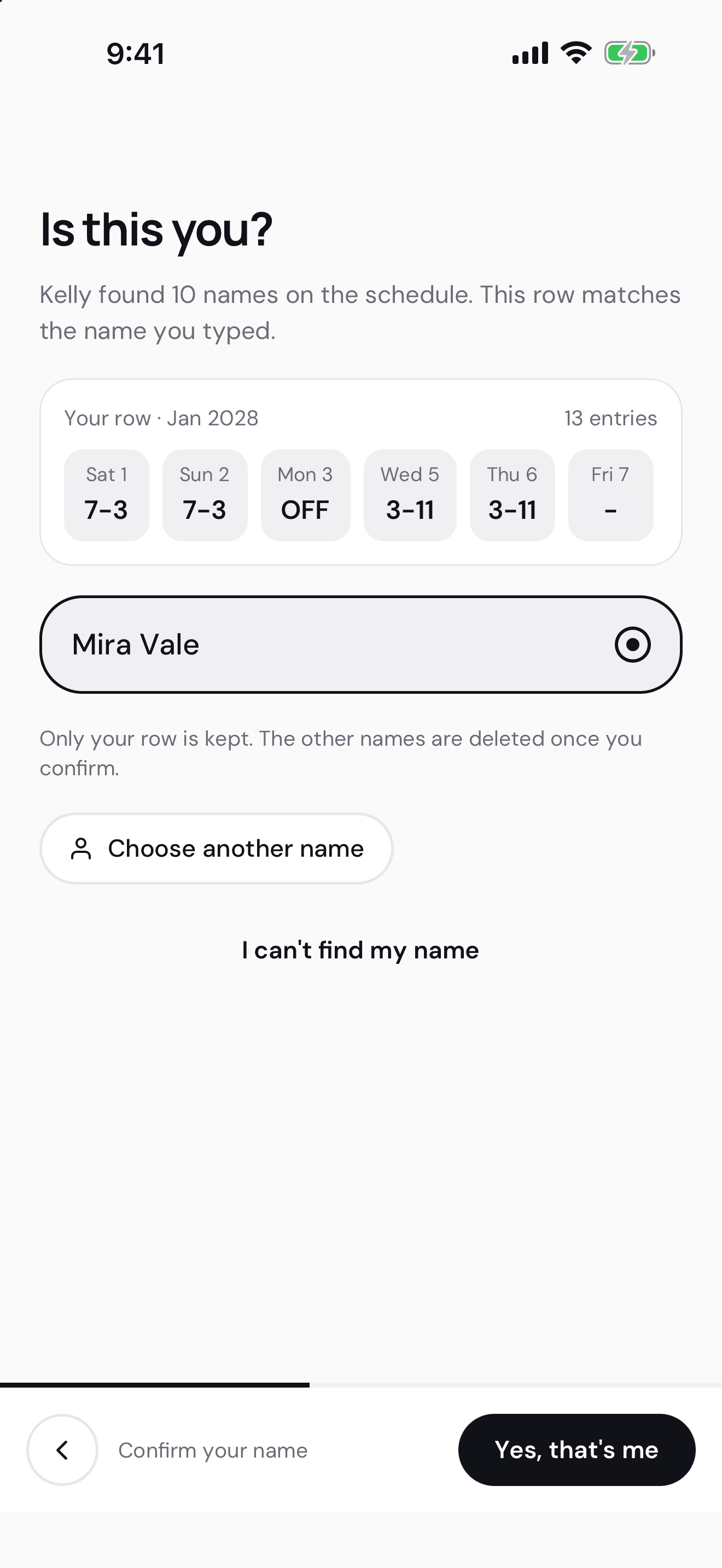 Kelly asks the person to confirm their matching row in a fictional schedule