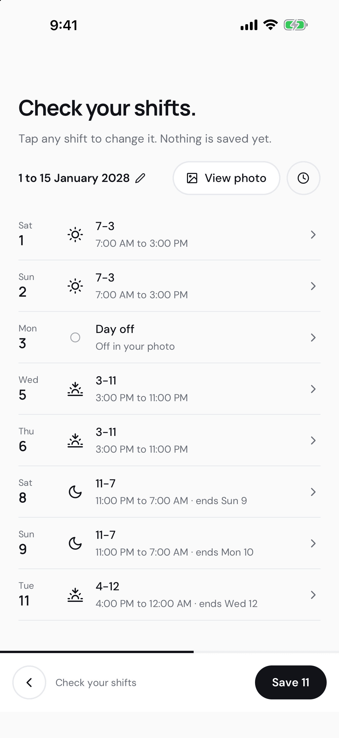 Kelly's review screen lists proposed shifts before anything is added to the calendar