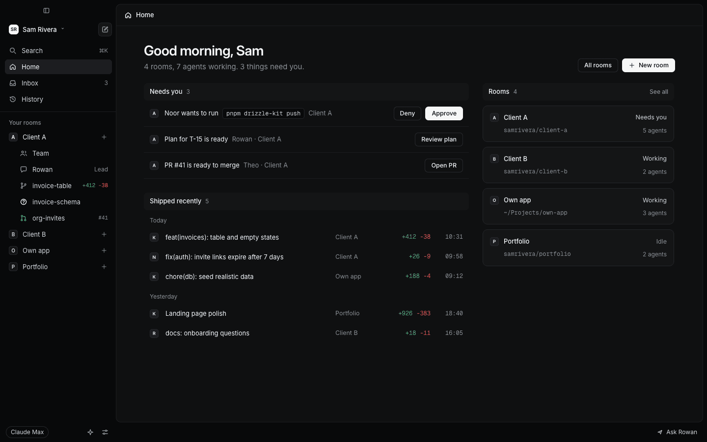 Kernel's Home screen, with three things waiting for approval, recent merged work and four rooms in the sidebar