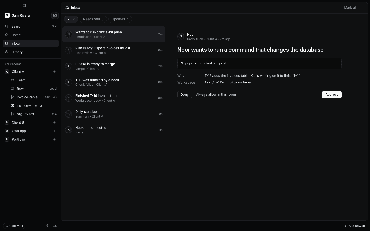 Kernel's Inbox, with a database command from an agent waiting for approval