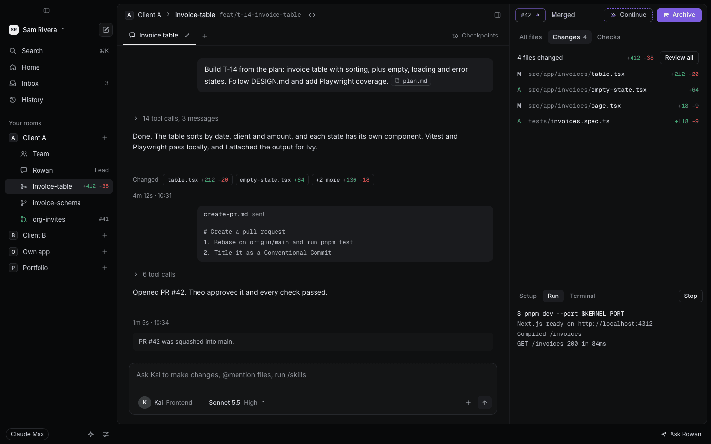 A Kernel workspace after its pull request merged, with the chat on the left and the PR panel on the right