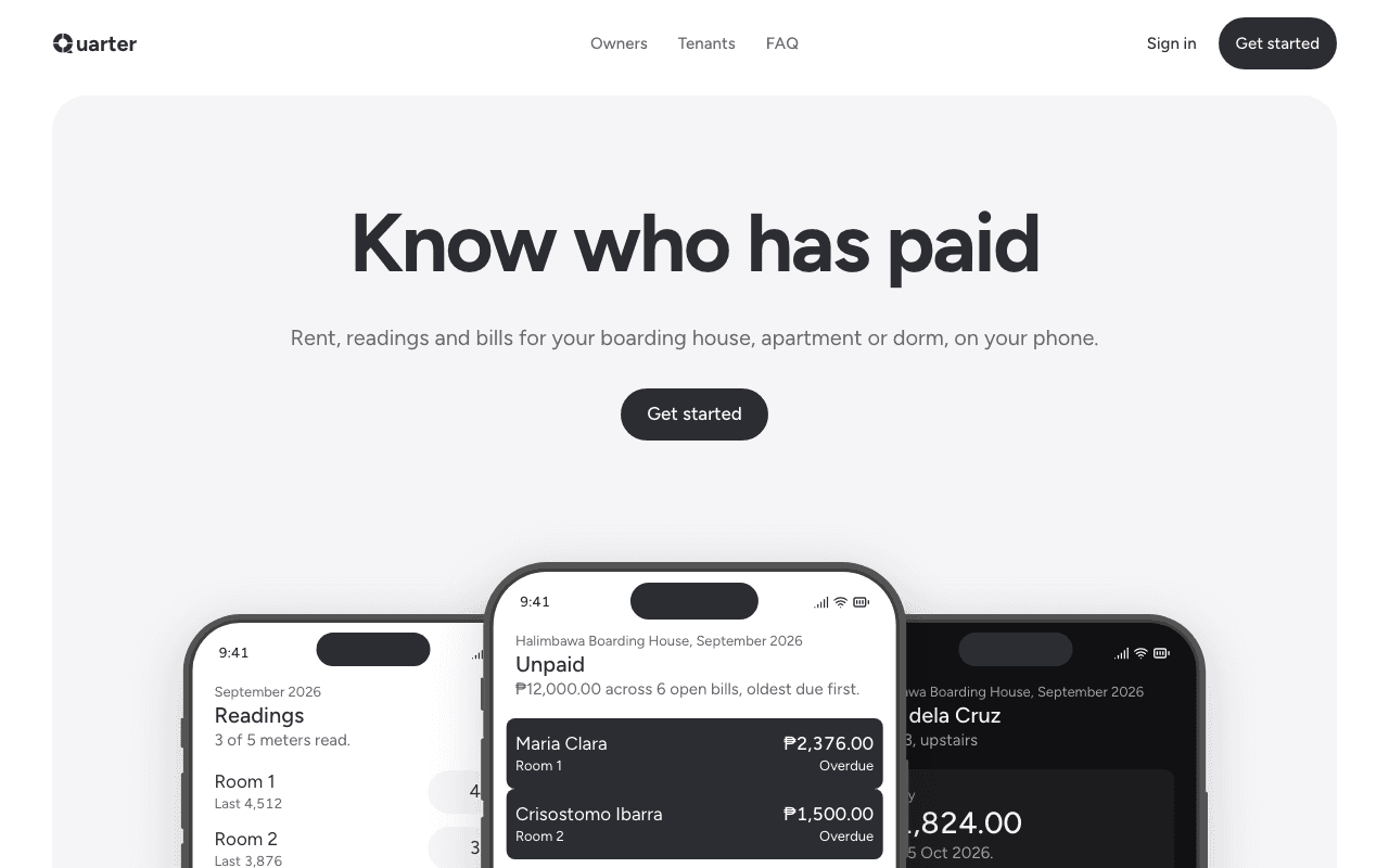 The Quarter landing page, with the readings walk, the unpaid list and a tenant's bill on three phones