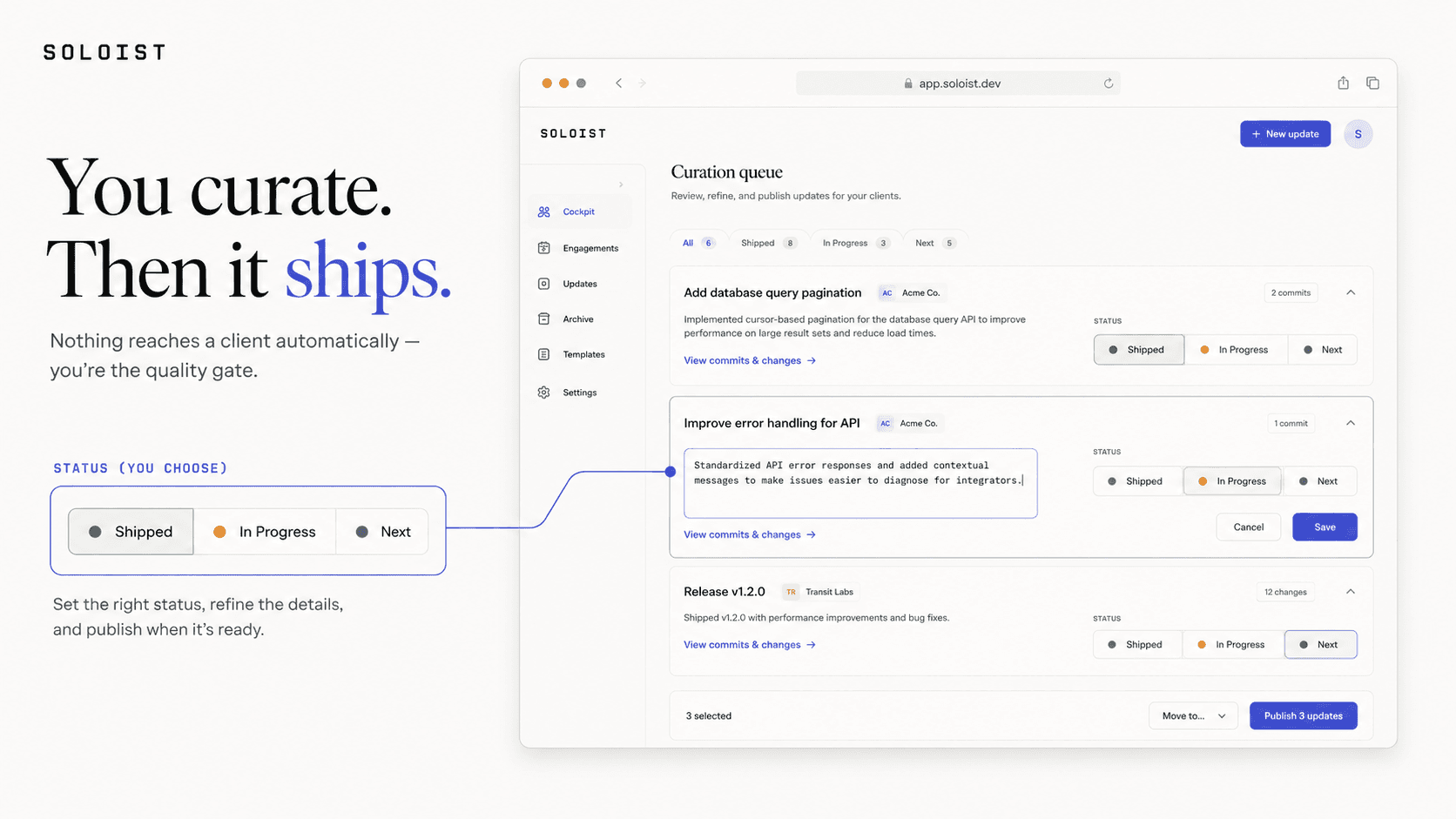 Soloist poster - 'You curate, then it ships': the Cockpit curation queue with inline editing, a Shipped/In Progress/Next status toggle, and a publish action