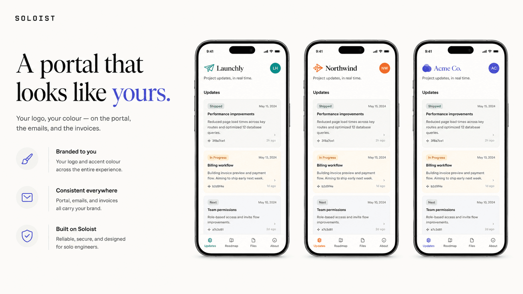 Soloist poster - 'A portal that looks like yours': several client portals on phones, each carrying a different freelancer's logo and accent colour