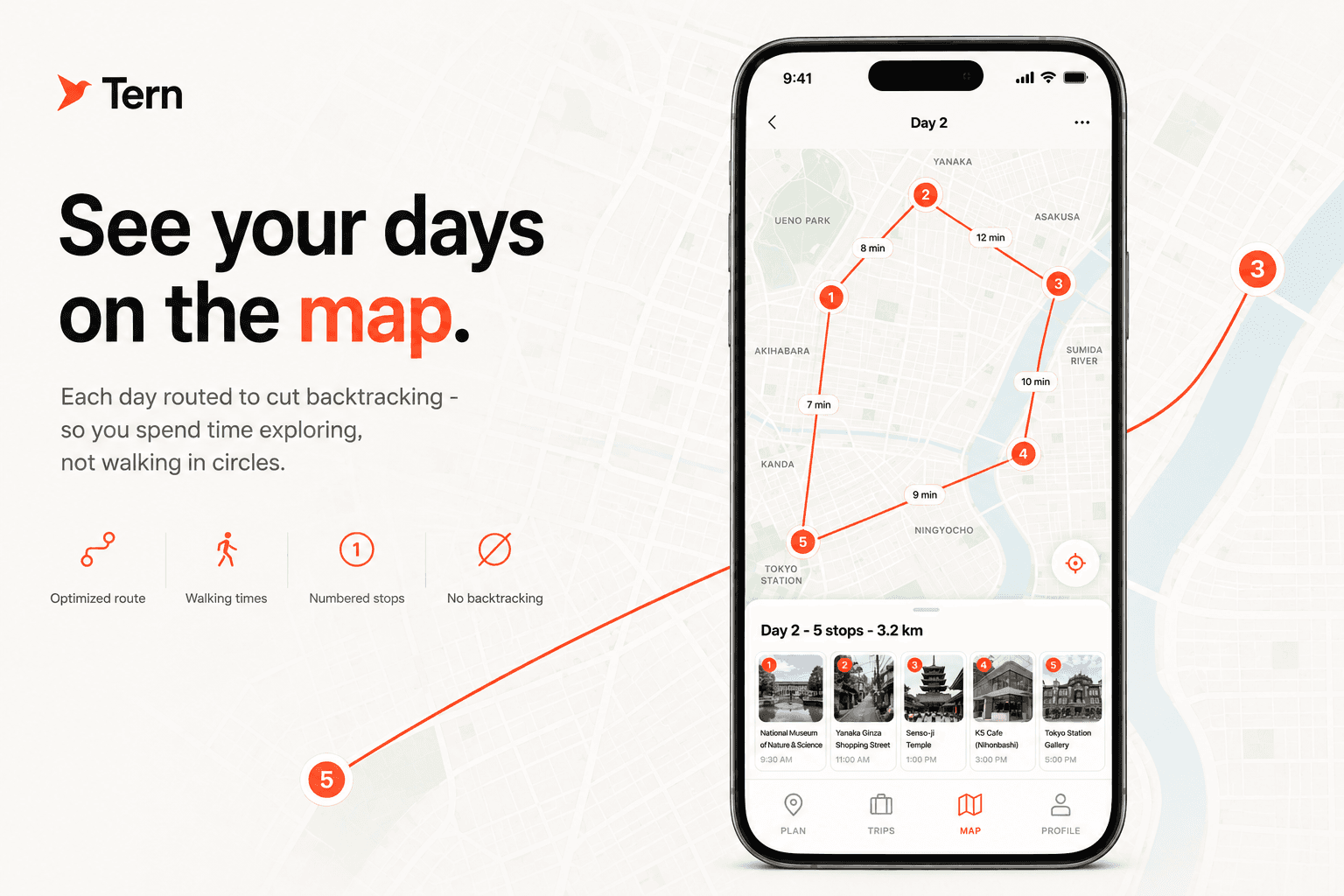 Tern poster - 'See your days on the map': a day routed with numbered stops and walking times on a clean map