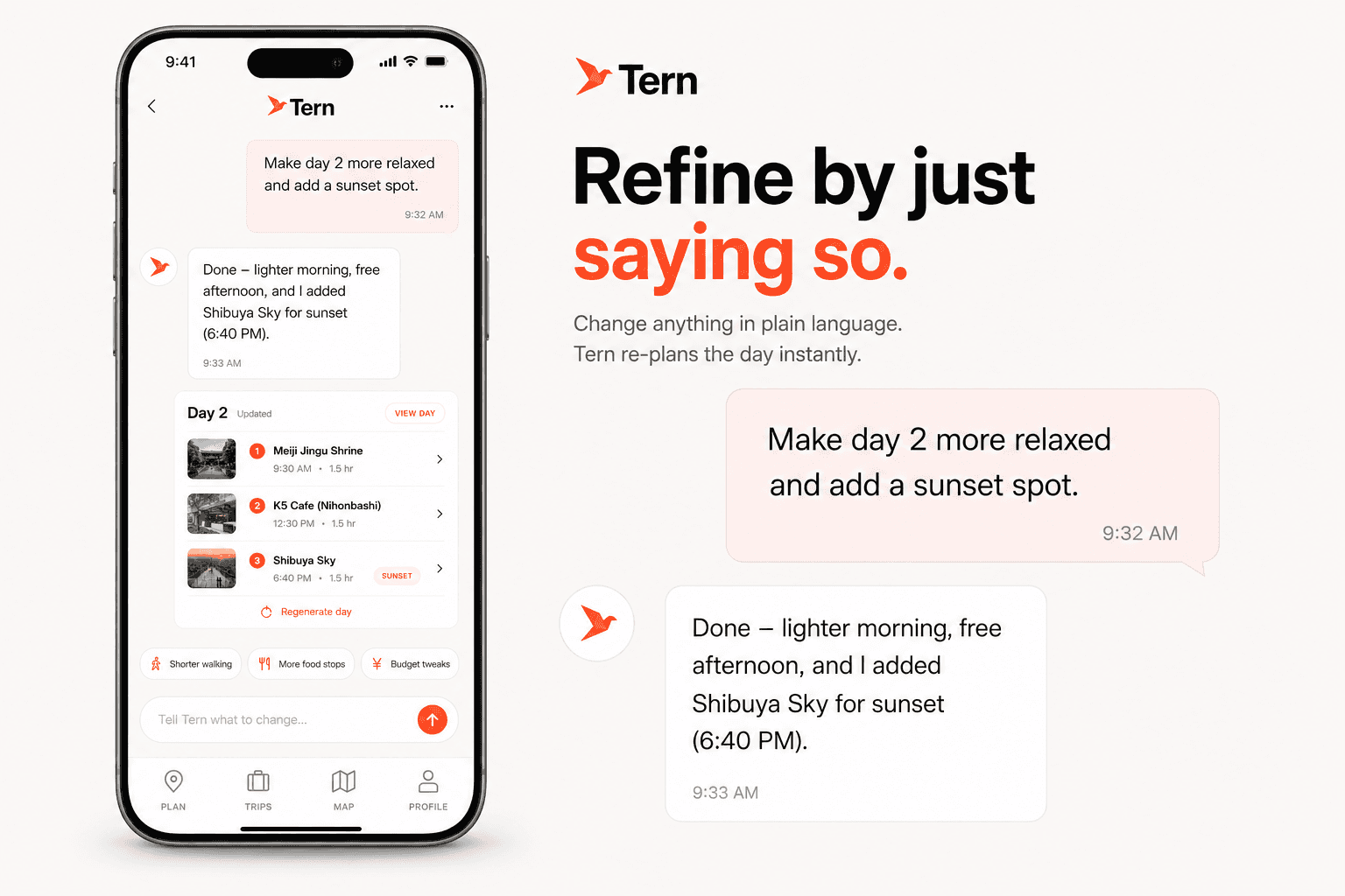 Tern poster - 'Refine by just saying so': a plain-language request re-planning the day instantly