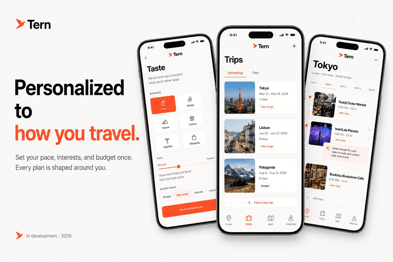 Tern poster - 'Personalized to how you travel': taste preferences and a saved-trips library, with the closing brand mark