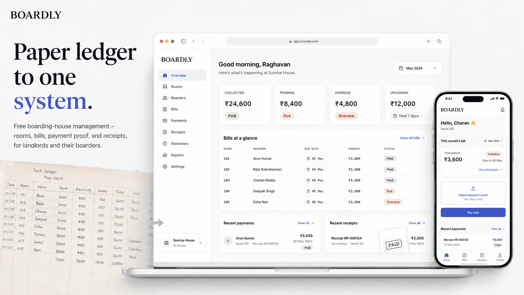 Boardly poster - 'Paper ledger to one system': the landlord dashboard in a browser beside the boarder portal on a phone, replacing a paper rent ledger