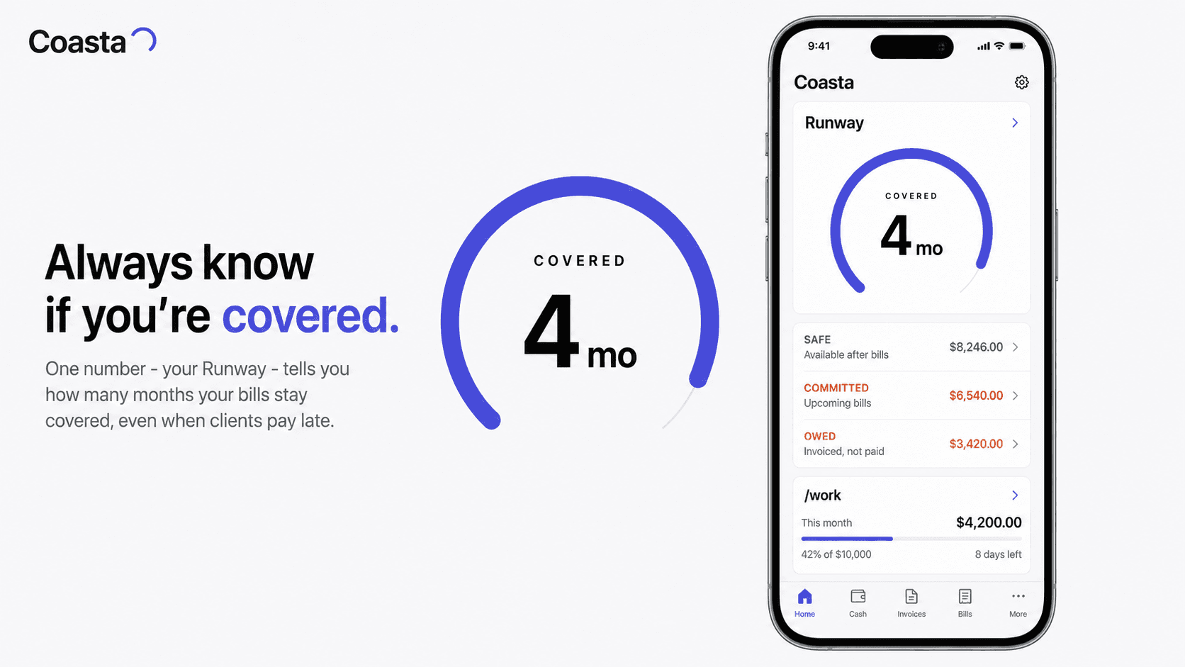 Coasta poster - the Runway gauge: a calm indigo ring on the home dashboard showing how many months of bills are covered